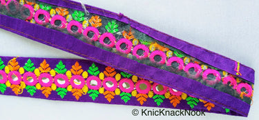Purple Mirrored Fabric Trim With Fuchsia Pink, Orange, Yellow And Green Embroidery